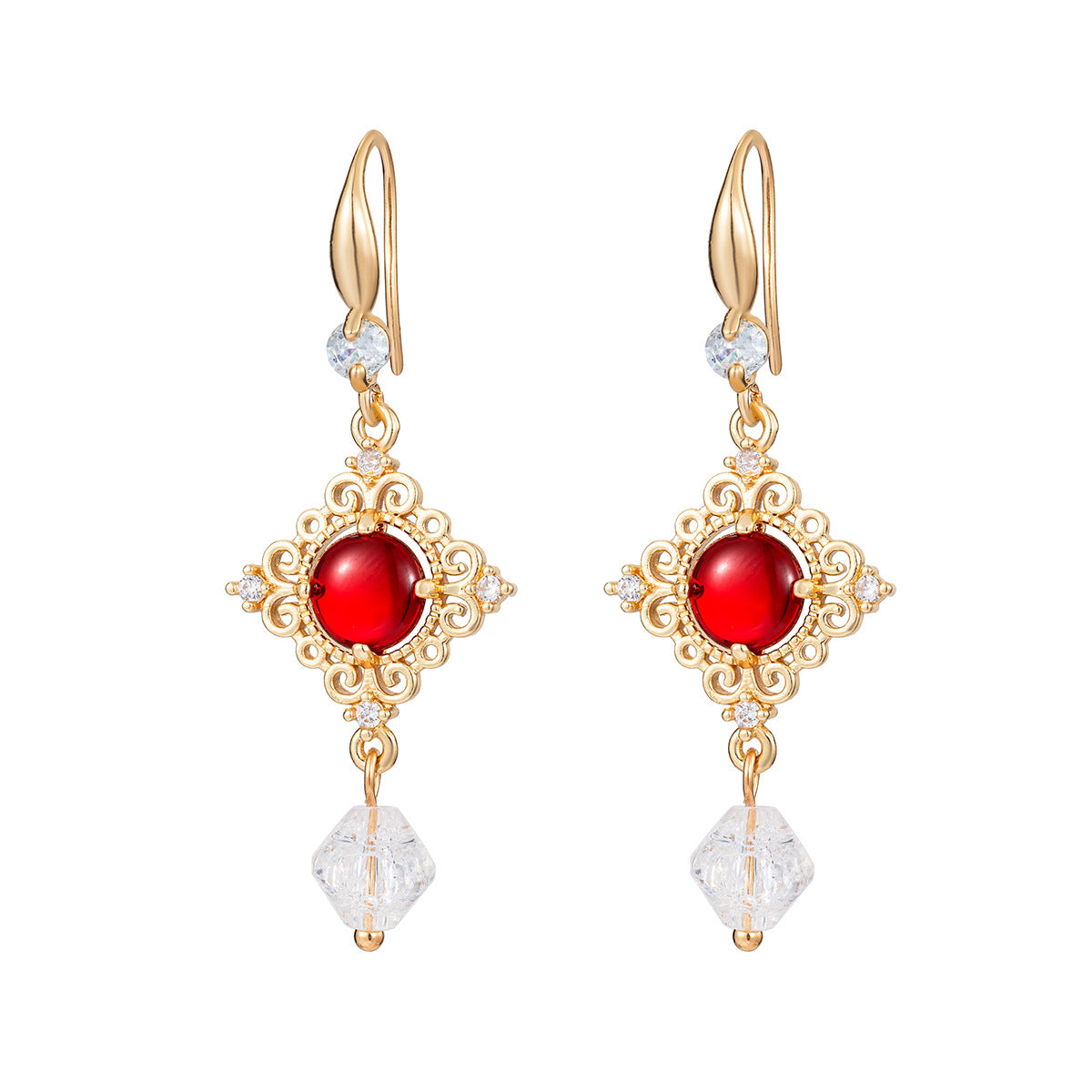 Red Quartz & Crystal Cubic Zirconia Goldtone Rhombus Hook Earrings - Street Region