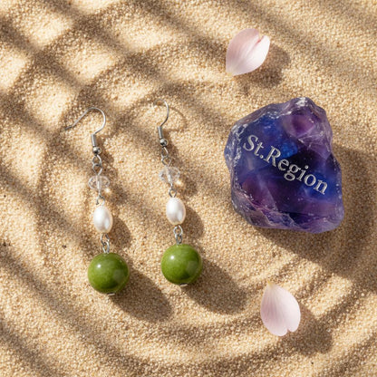 Green Jade and Pearl Crystal Silvertone Ball Hook Earrings, silver drop earrings for women, detail close-up