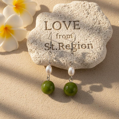 Green Jade and Pearl Crystal Silvertone Ball Hook Earrings, silver drop earrings for women, lifestyle look