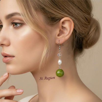 Green Jade and Pearl Crystal Silvertone Ball Hook Earrings, silver drop earrings for women, botanical inspired, styled look