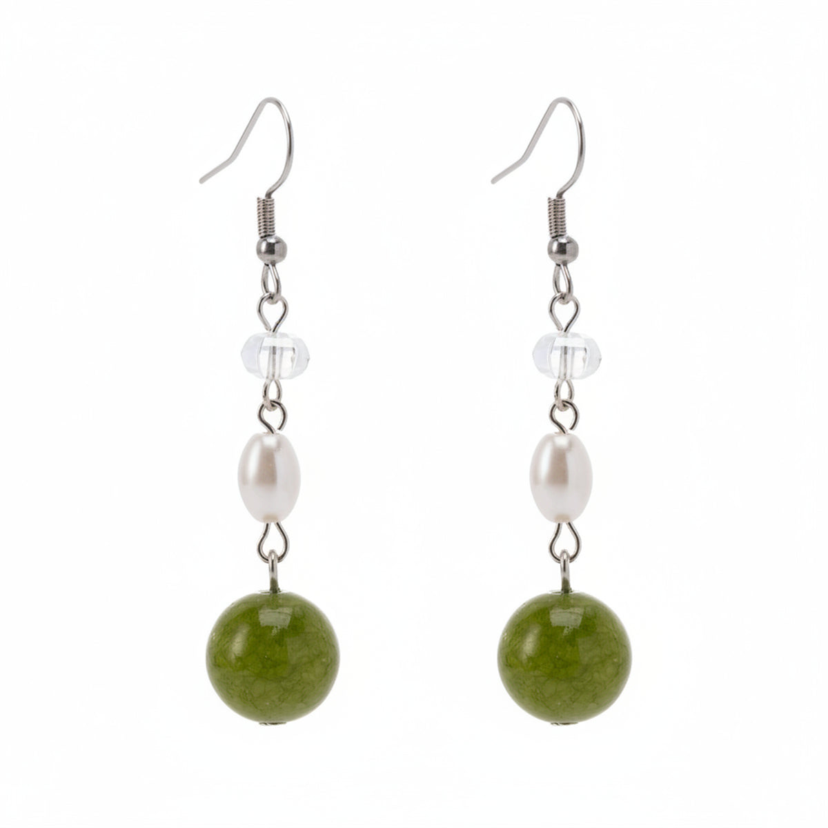 Green Jade & Pearl Crystal Silvertone Ball Hook Earrings - Street Region