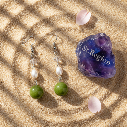 Green Jade & Pearl Crystal Silvertone Ball Hook Earrings - Street Region