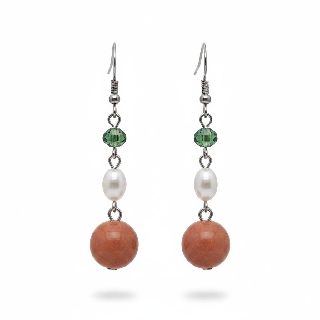 Orange Jade and Pearl Crystal Silvertone Ball Hook Earrings, silver drop earrings for women, everyday style, side view