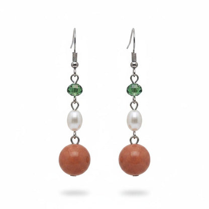 Orange Jade and Pearl Crystal Silvertone Ball Hook Earrings, silver drop earrings for women, everyday style, side view
