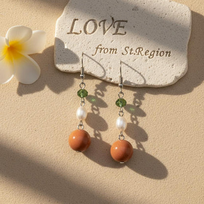 Orange Jade and Pearl Crystal Silvertone Ball Hook Earrings, silver drop earrings for women, everyday style, lifestyle look