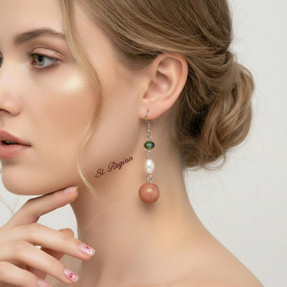 Orange Jade and Pearl Crystal Silvertone Ball Hook Earrings, silver drop earrings for women, everyday style, styled look