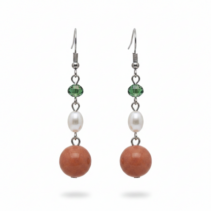 Orange Jade & Pearl Crystal Silvertone Ball Hook Earrings - Street Region
