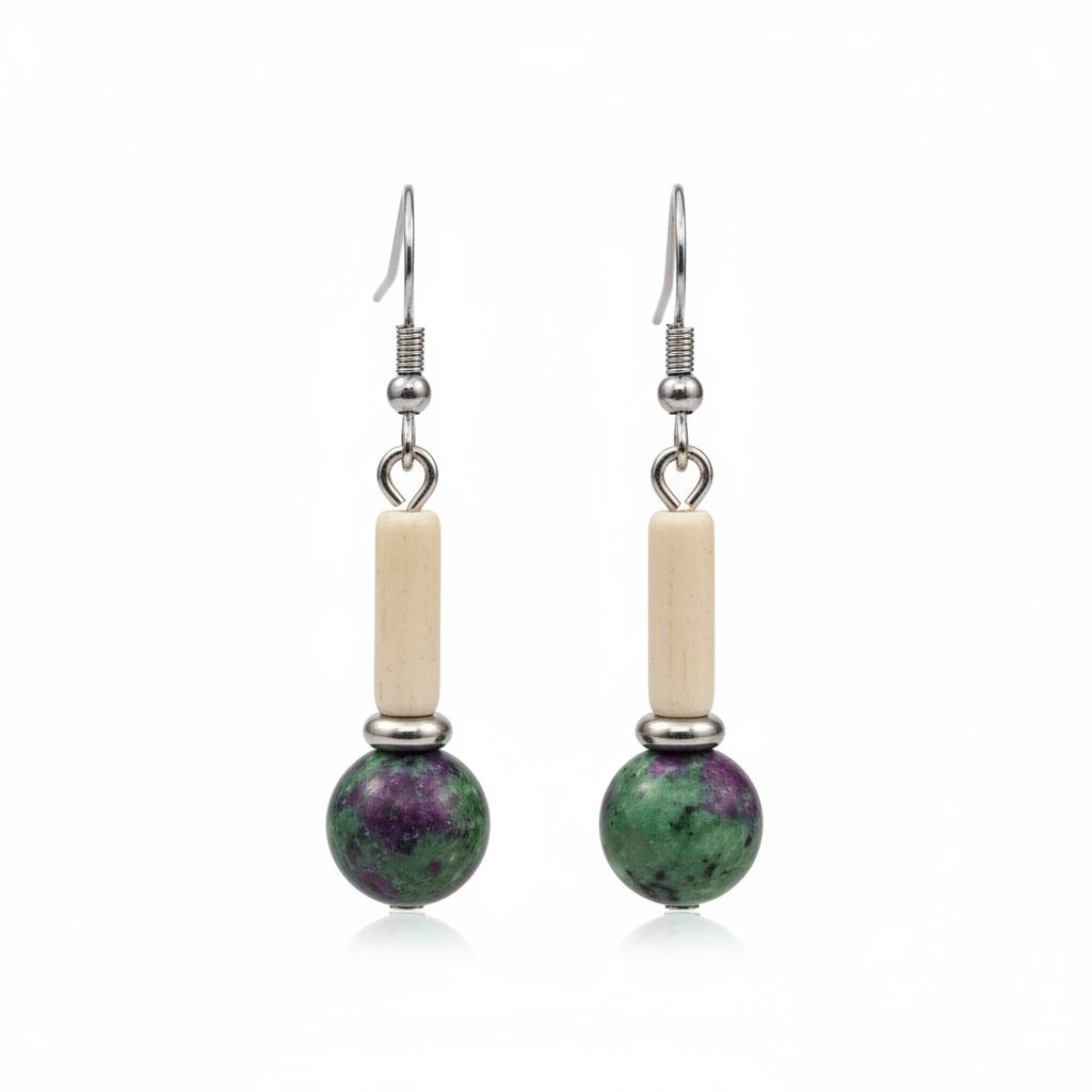 Green Jade and Silvertone Cylinder Ball Hook Earrings, silver drop earrings for women, everyday style, side view
