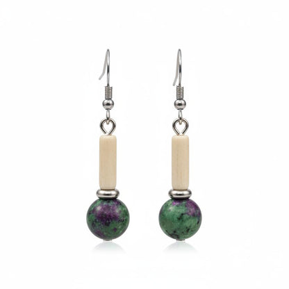 Green Jade and Silvertone Cylinder Ball Hook Earrings, silver drop earrings for women, everyday style, side view