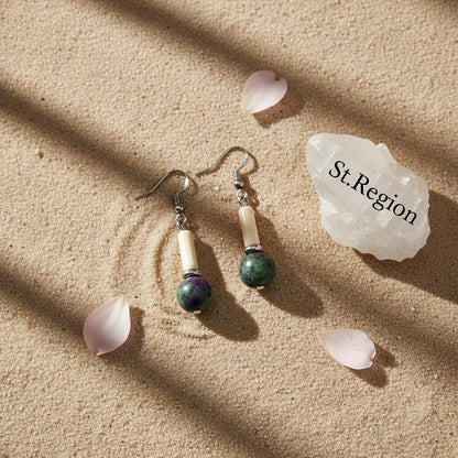 Green Jade and Silvertone Cylinder Ball Hook Earrings, silver drop earrings for women, everyday style, detail close-up