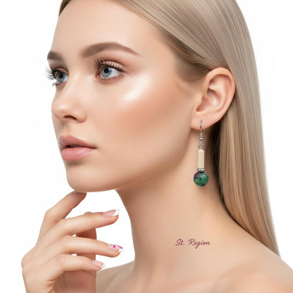 Green Jade and Silvertone Cylinder Ball Hook Earrings, silver drop earrings for women, everyday style, styled look