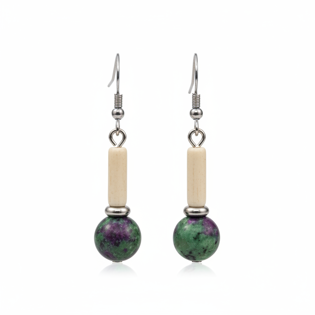 Green Jade & Silvertone Cylinder Ball Hook Earrings - Street Region