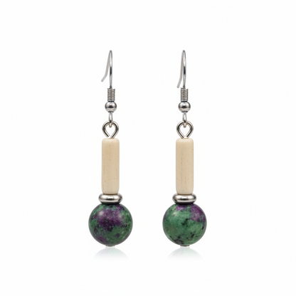 Green Jade & Silvertone Cylinder Ball Hook Earrings - Street Region