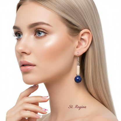 Jade and Lapis Silvertone Cylinder Ball Hook Earrings, silver drop earrings for women, botanical inspired, styled look