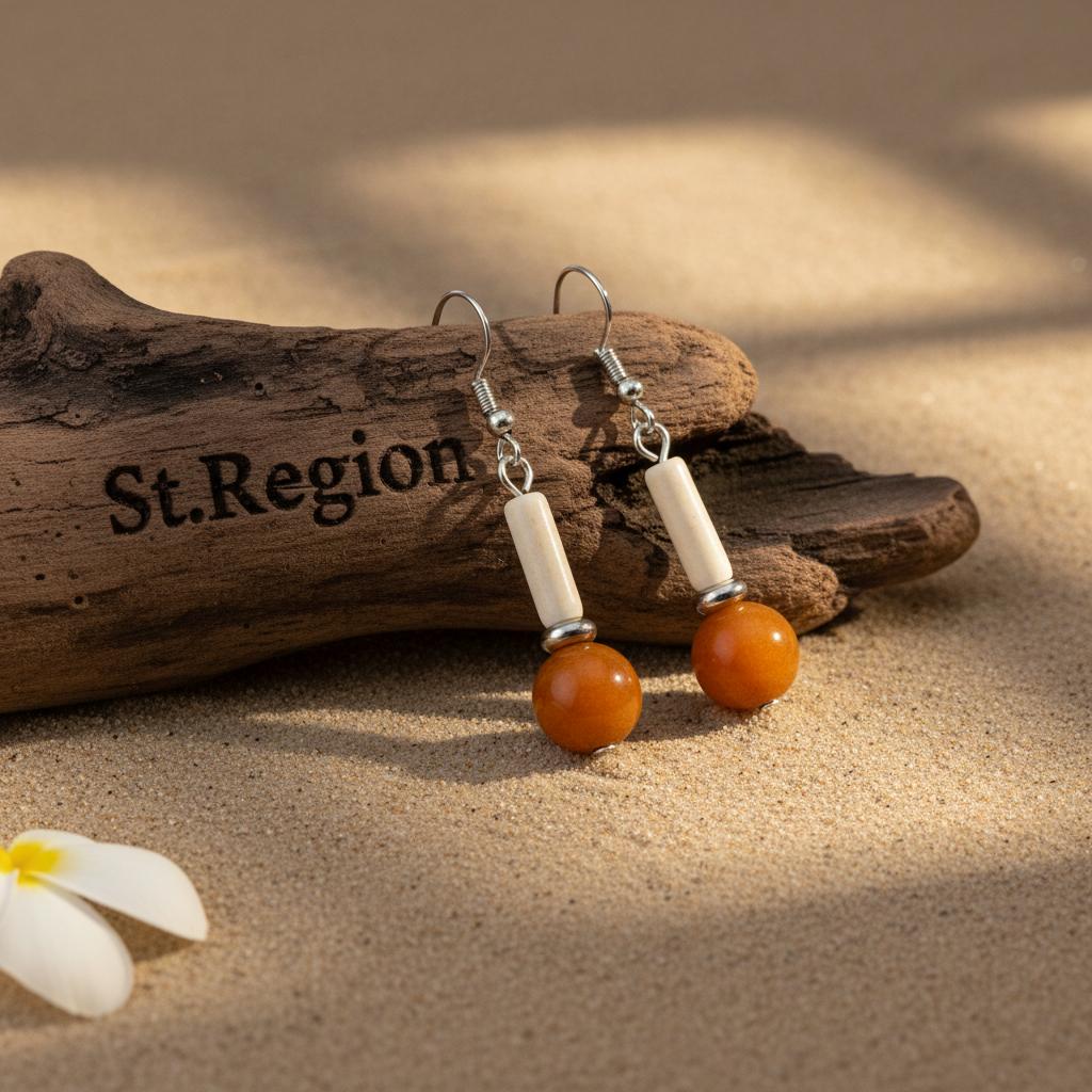 Orange Jade and Silvertone Cylinder Ball Hook Earrings, silver drop earrings for women, dainty minimalist design, front view