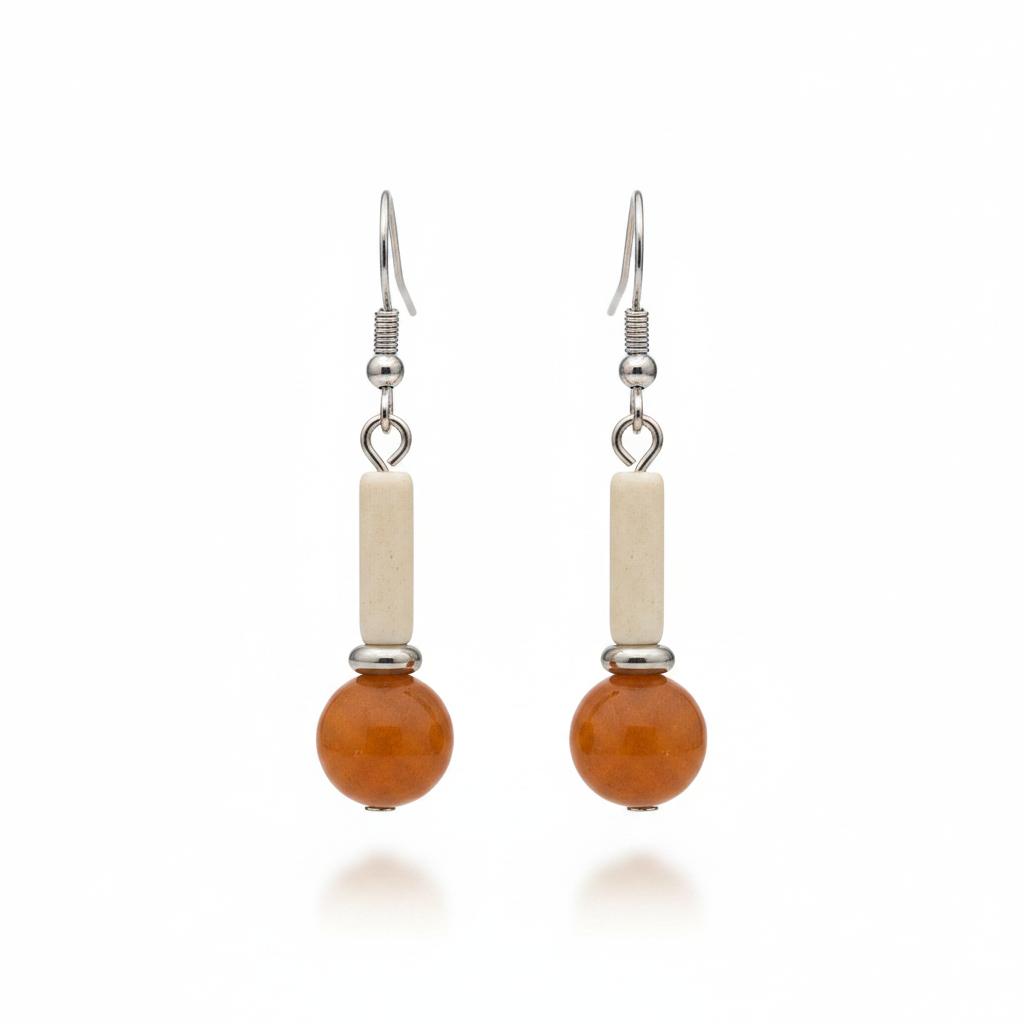 Orange Jade and Silvertone Cylinder Ball Hook Earrings, silver drop earrings for women, dainty minimalist design, side view