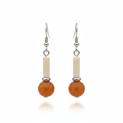 Orange Jade and Silvertone Cylinder Ball Hook Earrings, silver drop earrings for women, dainty minimalist design, side view
