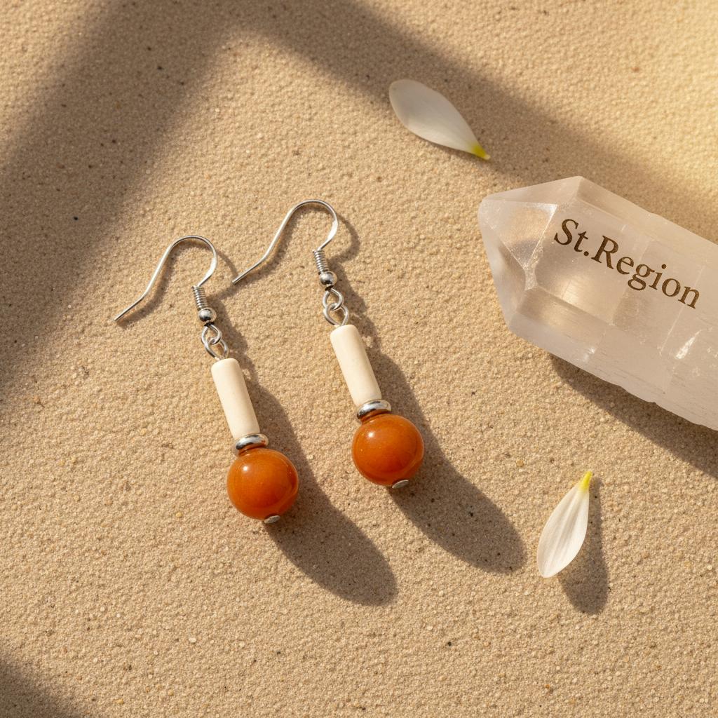 Orange Jade and Silvertone Cylinder Ball Hook Earrings, silver drop earrings for women, detail close-up