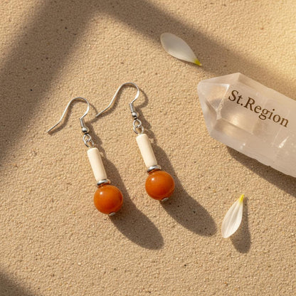 Orange Jade and Silvertone Cylinder Ball Hook Earrings, silver drop earrings for women, detail close-up