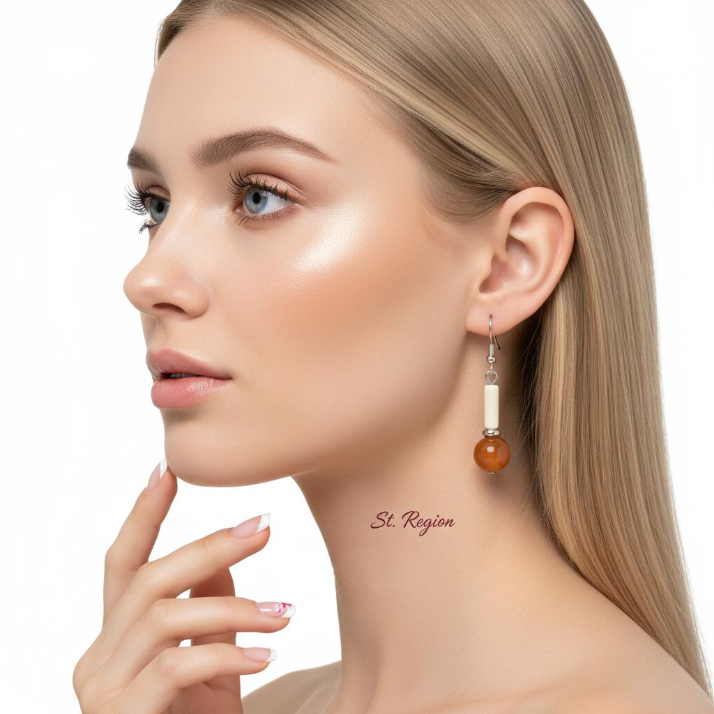 Orange Jade and Silvertone Cylinder Ball Hook Earrings, silver drop earrings for women, dainty minimalist design, styled look
