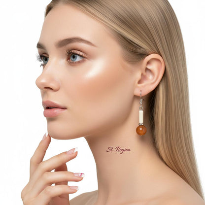 Orange Jade and Silvertone Cylinder Ball Hook Earrings, silver drop earrings for women, dainty minimalist design, styled look