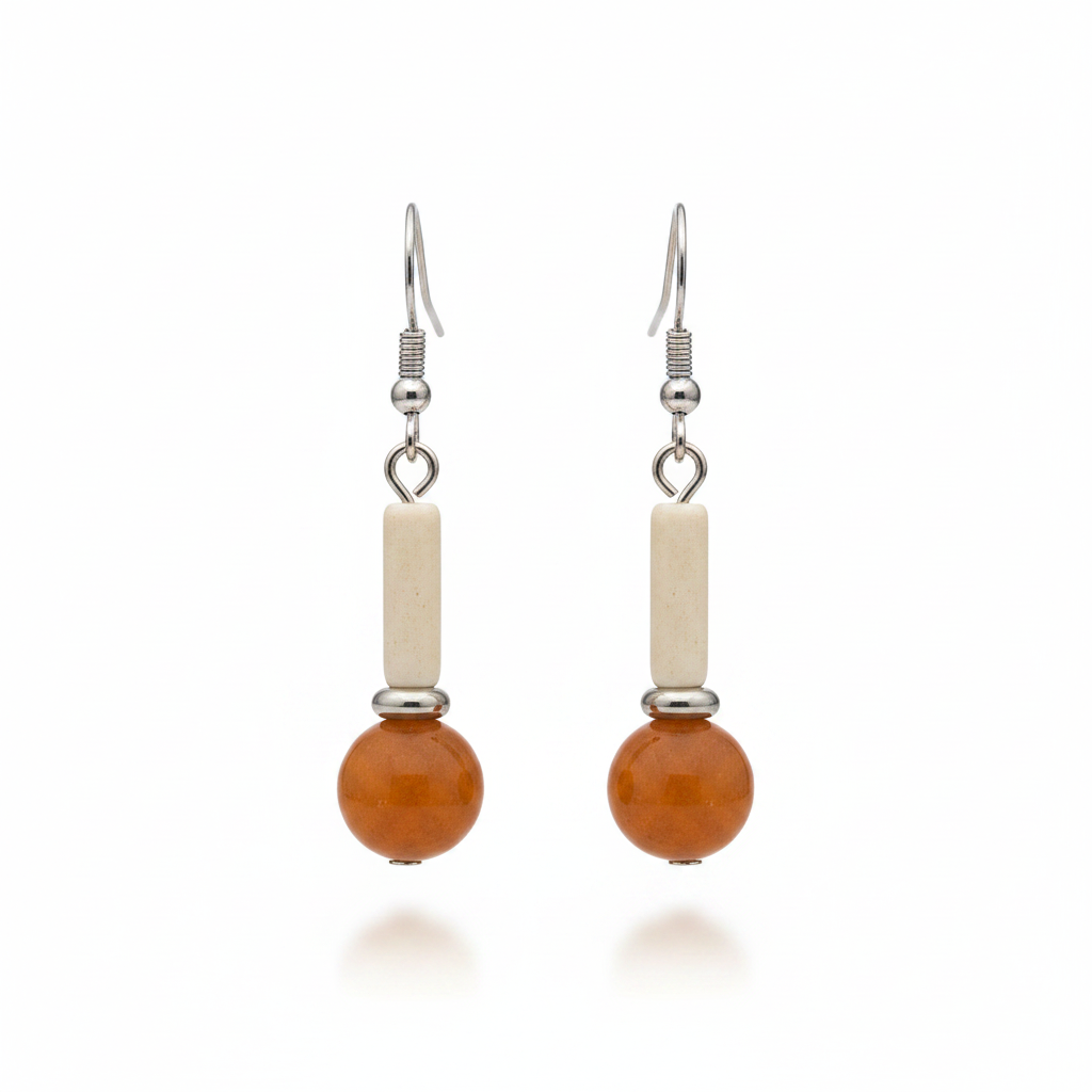 Orange Jade & Silvertone Cylinder Ball Hook Earrings - Street Region