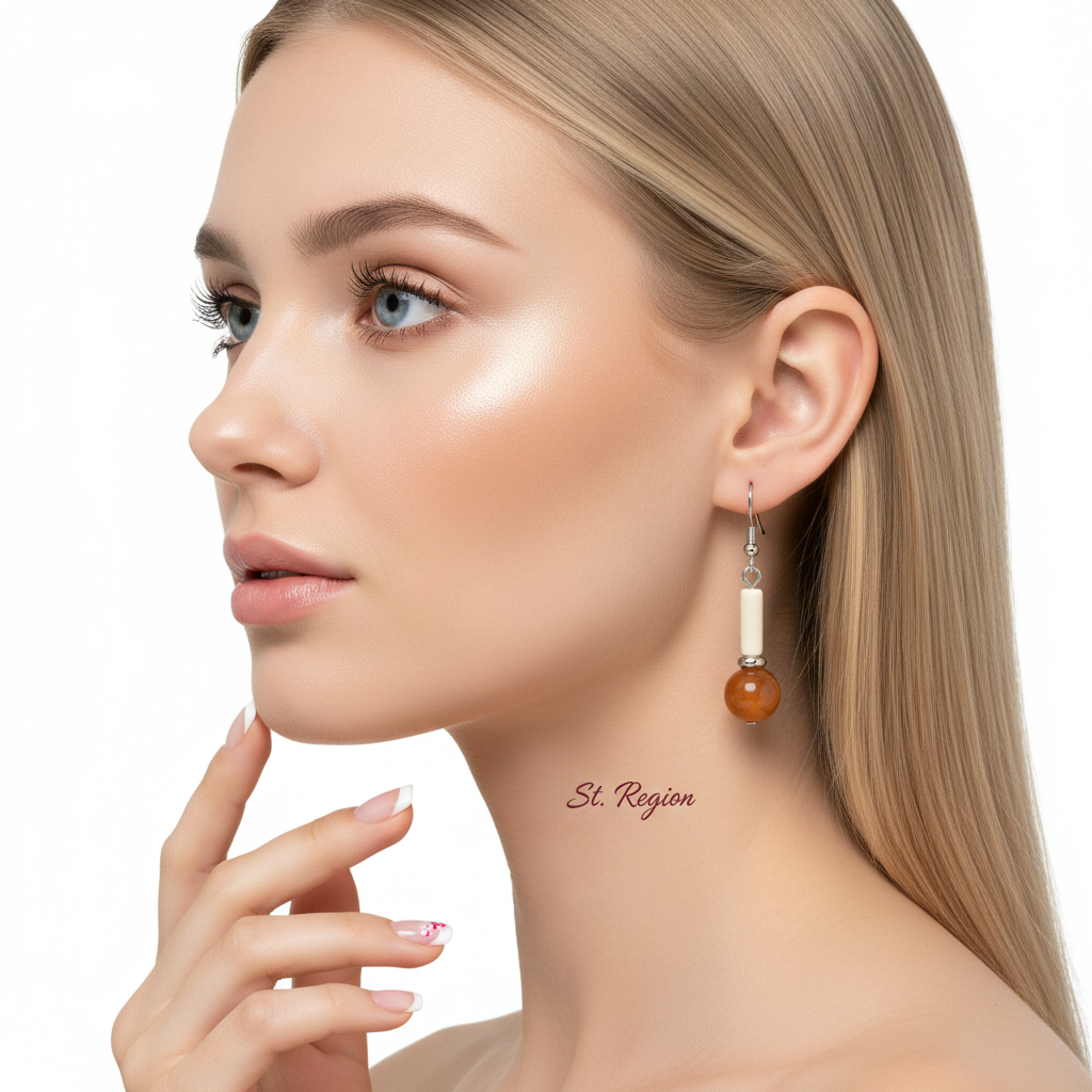 Orange Jade & Silvertone Cylinder Ball Hook Earrings - Street Region