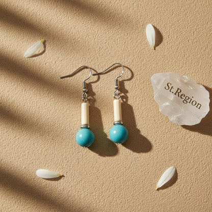 Sea Blue Jade and Silvertone Cylinder Ball Hook Earrings, silver drop earrings for women, everyday style, detail close-up
