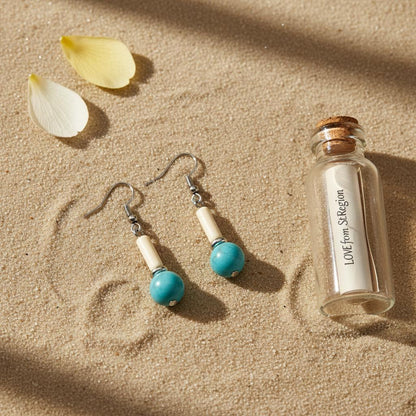 Sea Blue Jade and Silvertone Cylinder Ball Hook Earrings, silver drop earrings for women, everyday style, lifestyle look