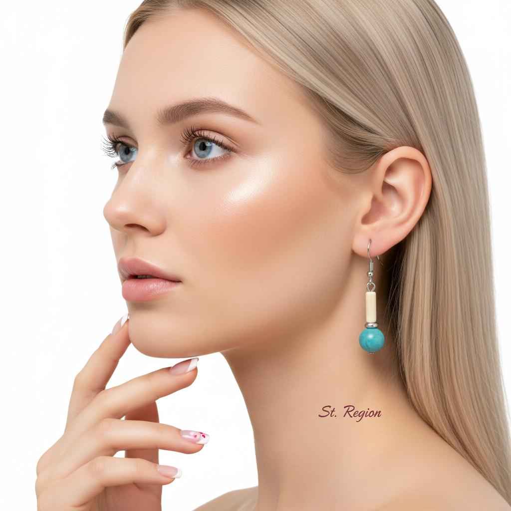 Sea Blue Jade and Silvertone Cylinder Ball Hook Earrings, silver drop earrings for women, everyday style, styled look
