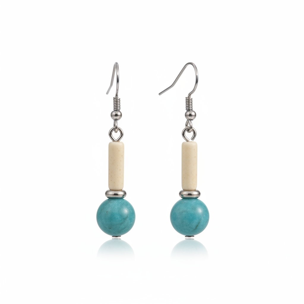 Sea Blue Jade & Silvertone Cylinder Ball Hook Earrings - Street Region