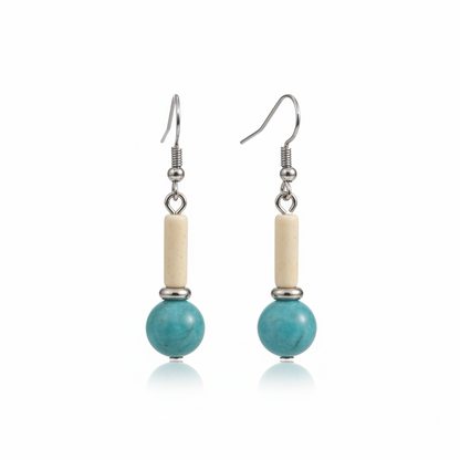Sea Blue Jade & Silvertone Cylinder Ball Hook Earrings - Street Region