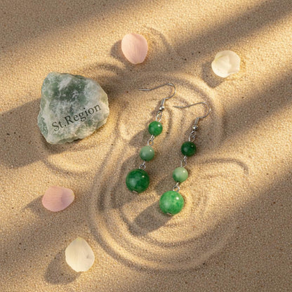 Green Jade and Silvertone Tiered Ball Hook Earrings, silver drop earrings for women, detail close-up