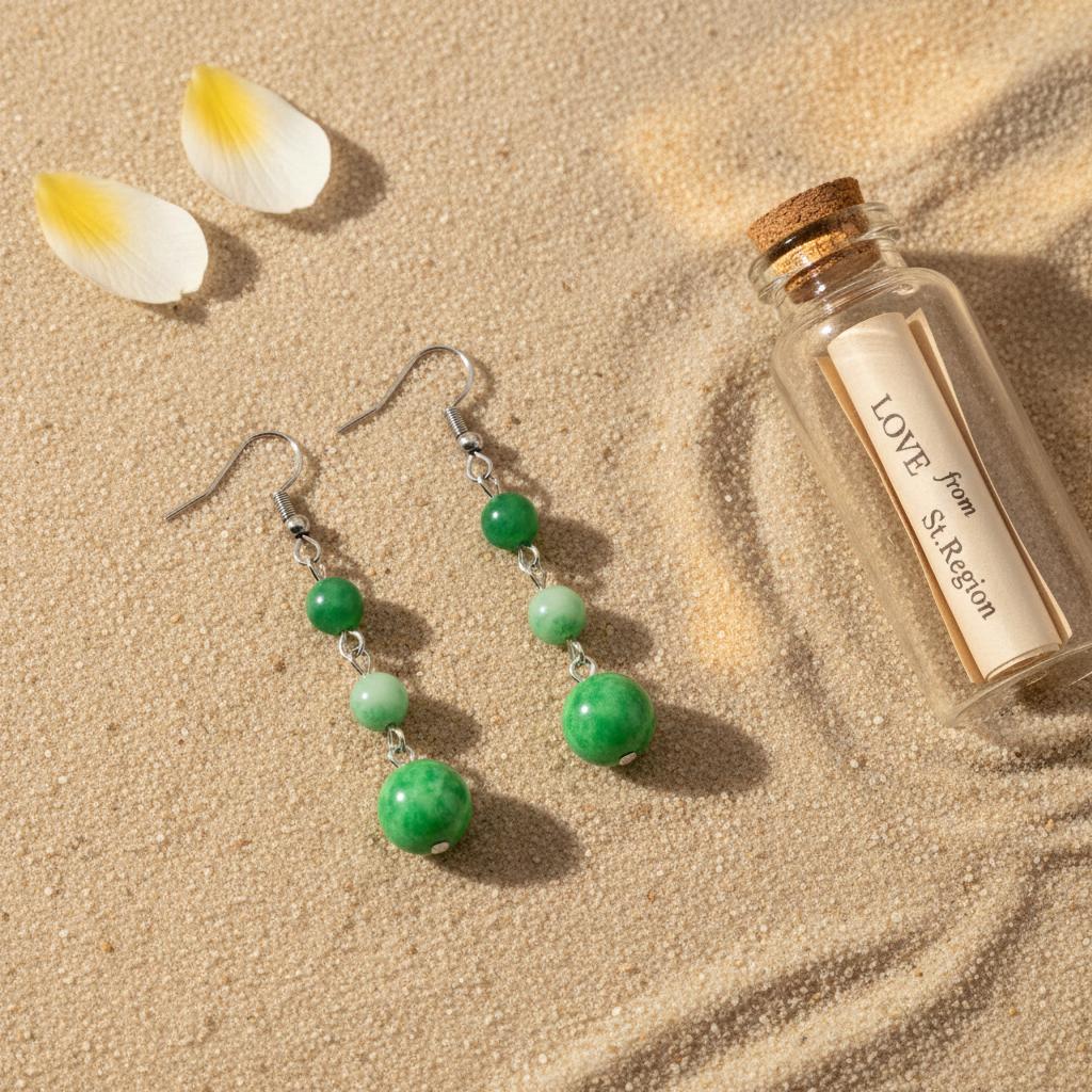 Green Jade and Silvertone Tiered Ball Hook Earrings, silver drop earrings for women, dainty minimalist design, lifestyle look