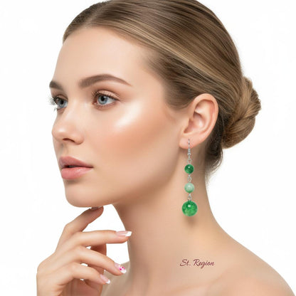 Green Jade and Silvertone Tiered Ball Hook Earrings, silver drop earrings for women, dainty minimalist design, styled look
