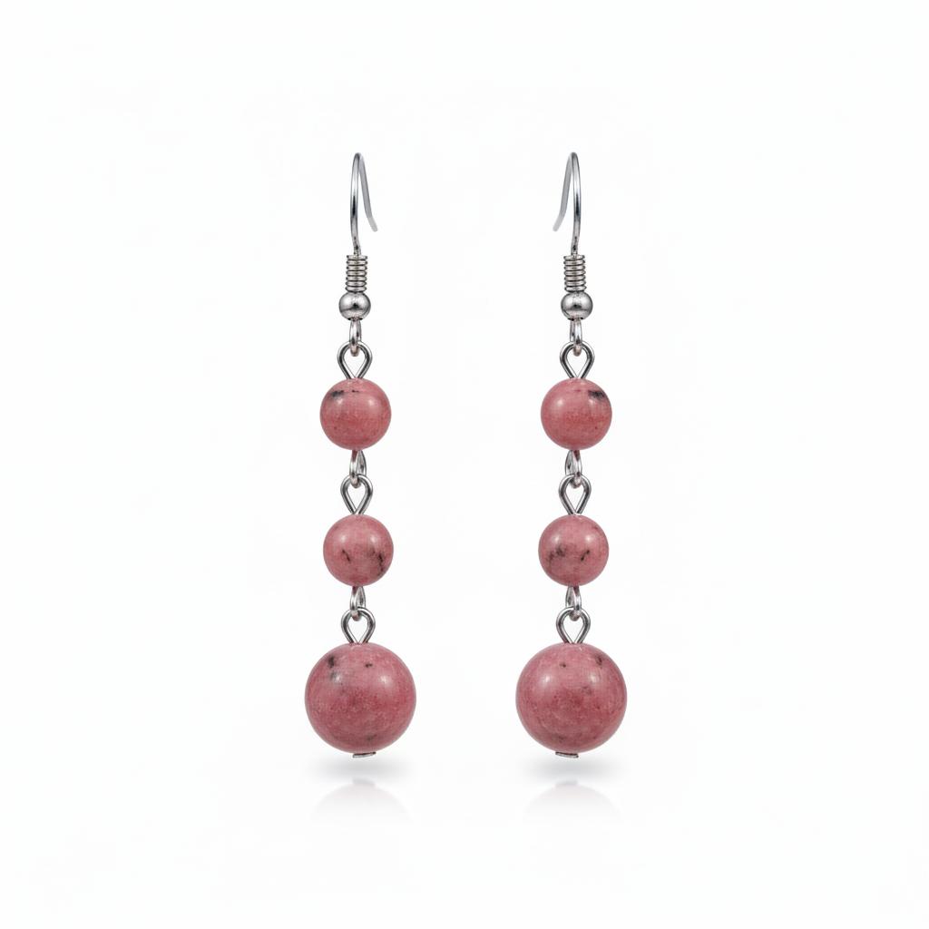 Red Jade and Silvertone Tiered Ball Hook Earrings, silver drop earrings for women, vintage-inspired design, side view
