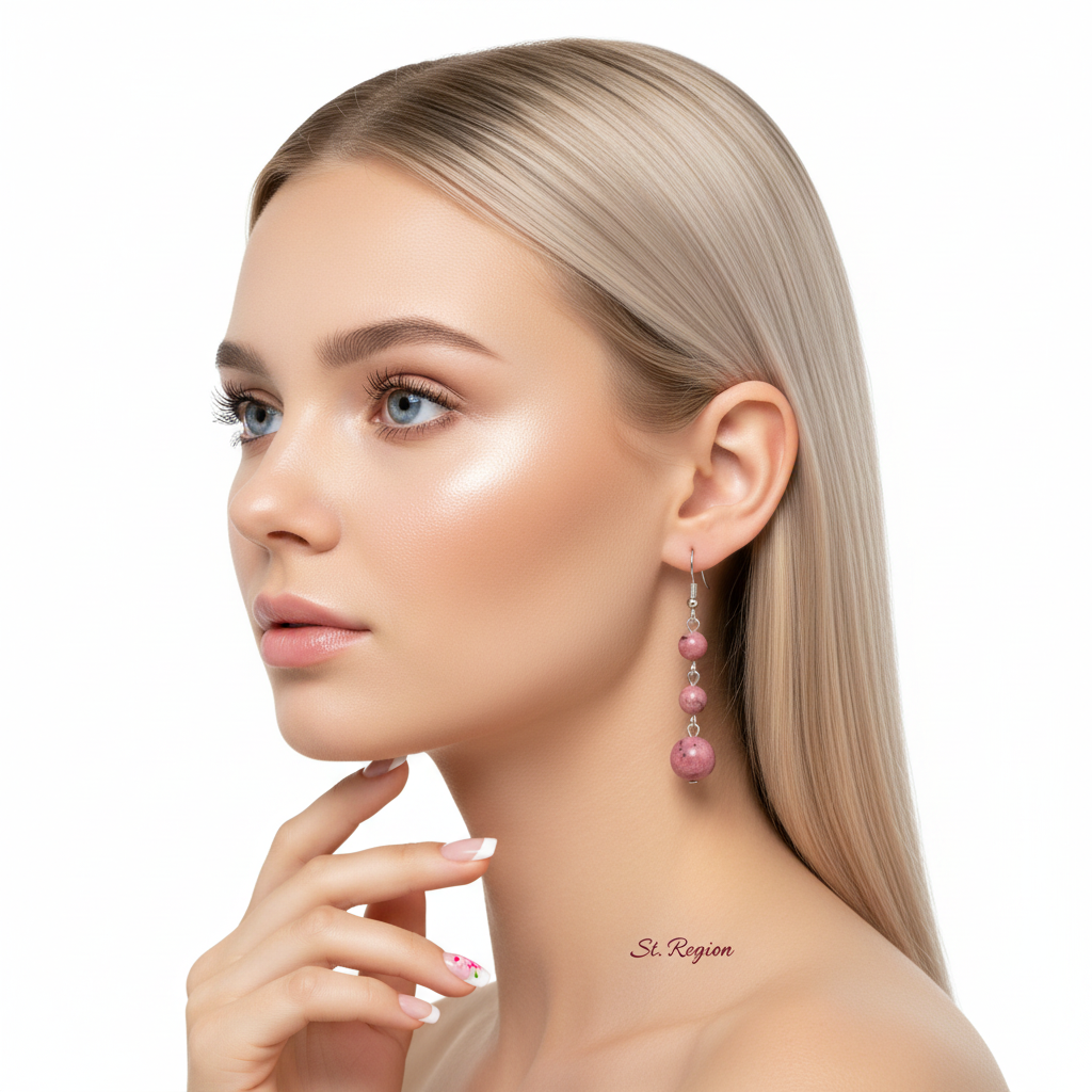 Red Jade & Silvertone Tiered Ball Hook Earrings - Street Region
