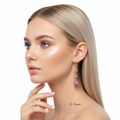 Red Jade & Silvertone Tiered Ball Hook Earrings - Street Region