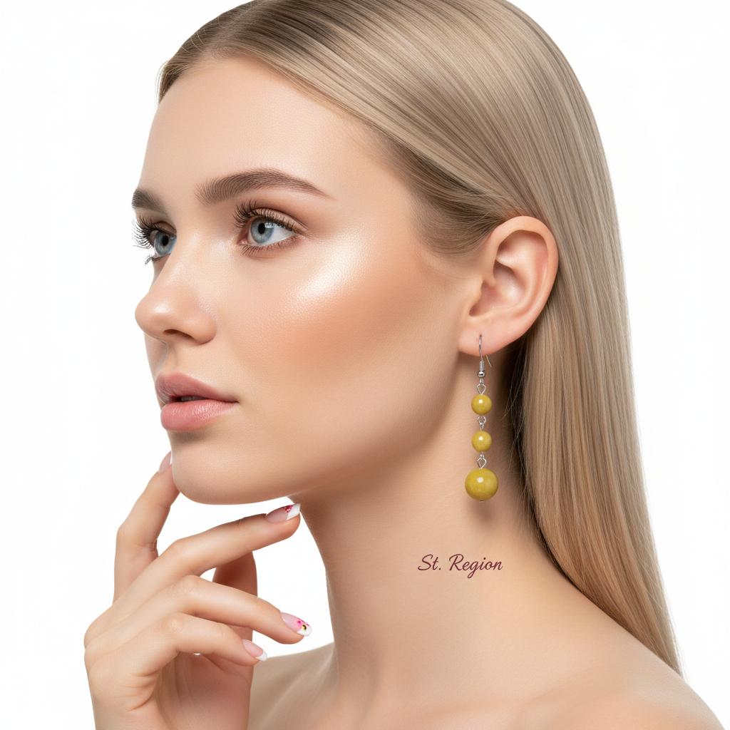 Yellow Jade and Silvertone Tiered Ball Hook Earrings, silver drop earrings for women, elegant gift for her, styled look