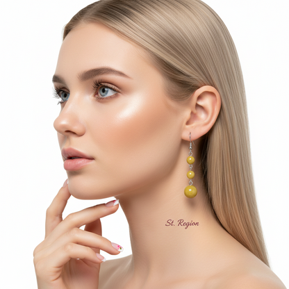 Yellow Jade & Silvertone Tiered Ball Hook Earrings - Street Region