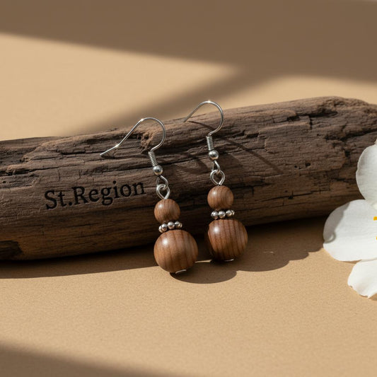 Wood & Silvertone ‌Gourd‌-Shape Hook Earrings