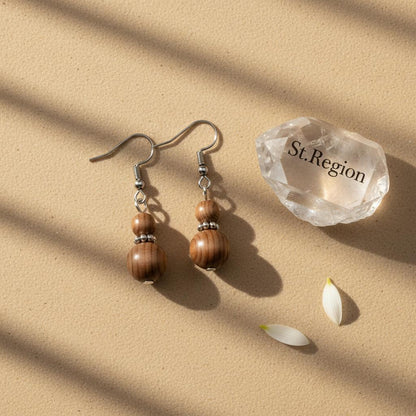 Wood and Silvertone ‌Gourd-Shape Hook Earrings, gold drop earrings for women, elegant gift for her, detail close-up