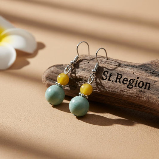Yellow & Green Jade Silvertone ‌Gourd‌-Shape Hook Earrings