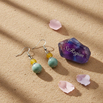 Yellow and Green Jade Silvertone ‌Gourd‌-Shape Hook Earrings, silver drop earrings for women, detail close-up