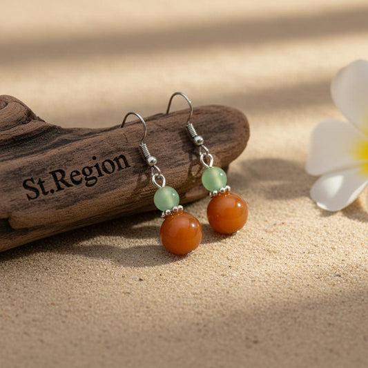 Orange & Green Jade Silvertone ‌Gourd‌-Shape Hook Earrings