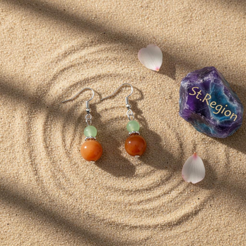 Orange and Green Jade Silvertone ‌Gourd‌-Shape Hook Earrings, silver drop earrings for women, detail close-up