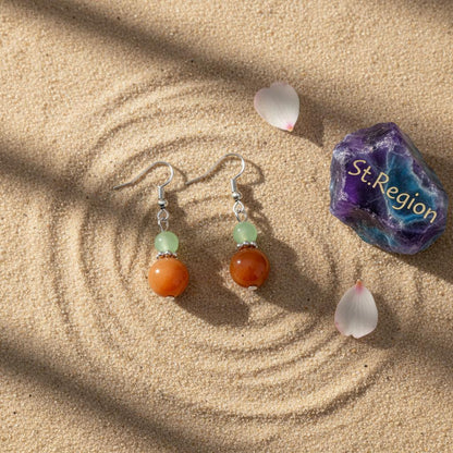 Orange and Green Jade Silvertone ‌Gourd‌-Shape Hook Earrings, silver drop earrings for women, detail close-up