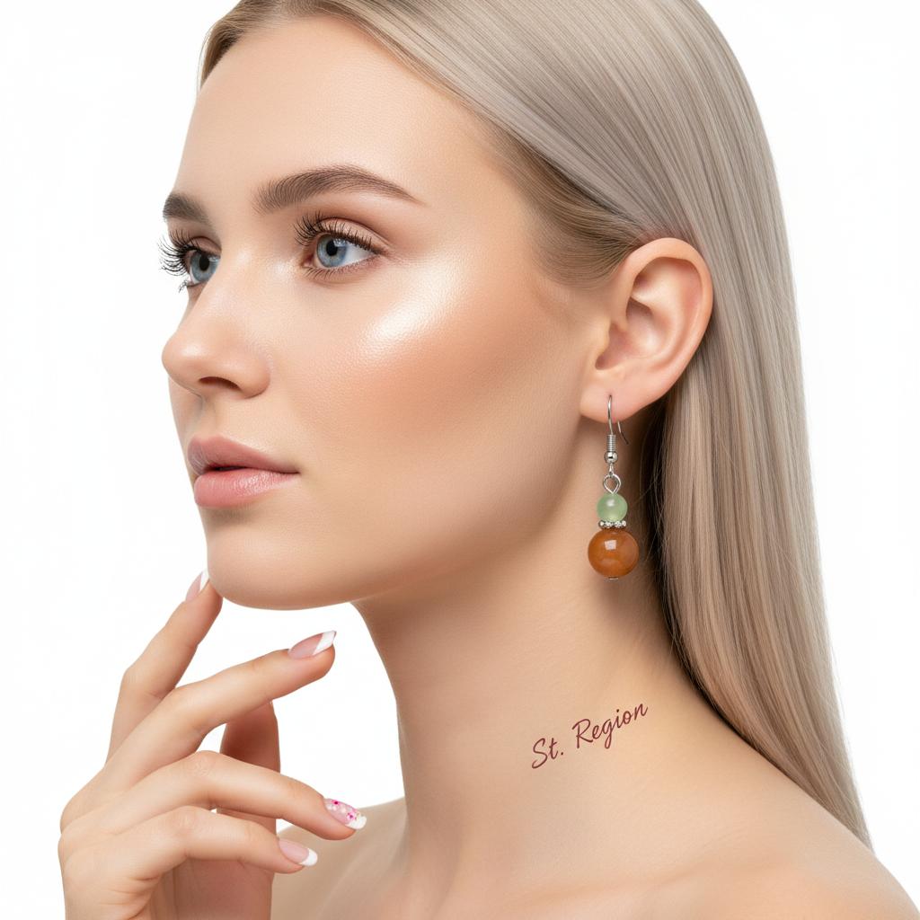 Orange and Green Jade Silvertone ‌Gourd‌-Shape Hook Earrings, silver drop earrings for women, botanical inspired, styled look