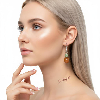 Orange and Green Jade Silvertone ‌Gourd‌-Shape Hook Earrings, silver drop earrings for women, botanical inspired, styled look