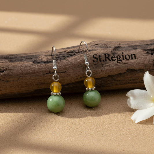 Yellow & Green Jade Silvertone ‌Gourd‌-Shape Hook Earrings